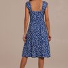 Wholesale Floral Sleeveless Square Neck Buttons Midi Dress Blue