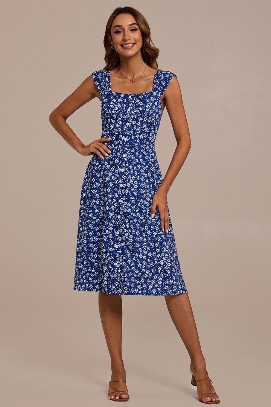 Wholesale Floral Sleeveless Square Neck Buttons Midi Dress Blue