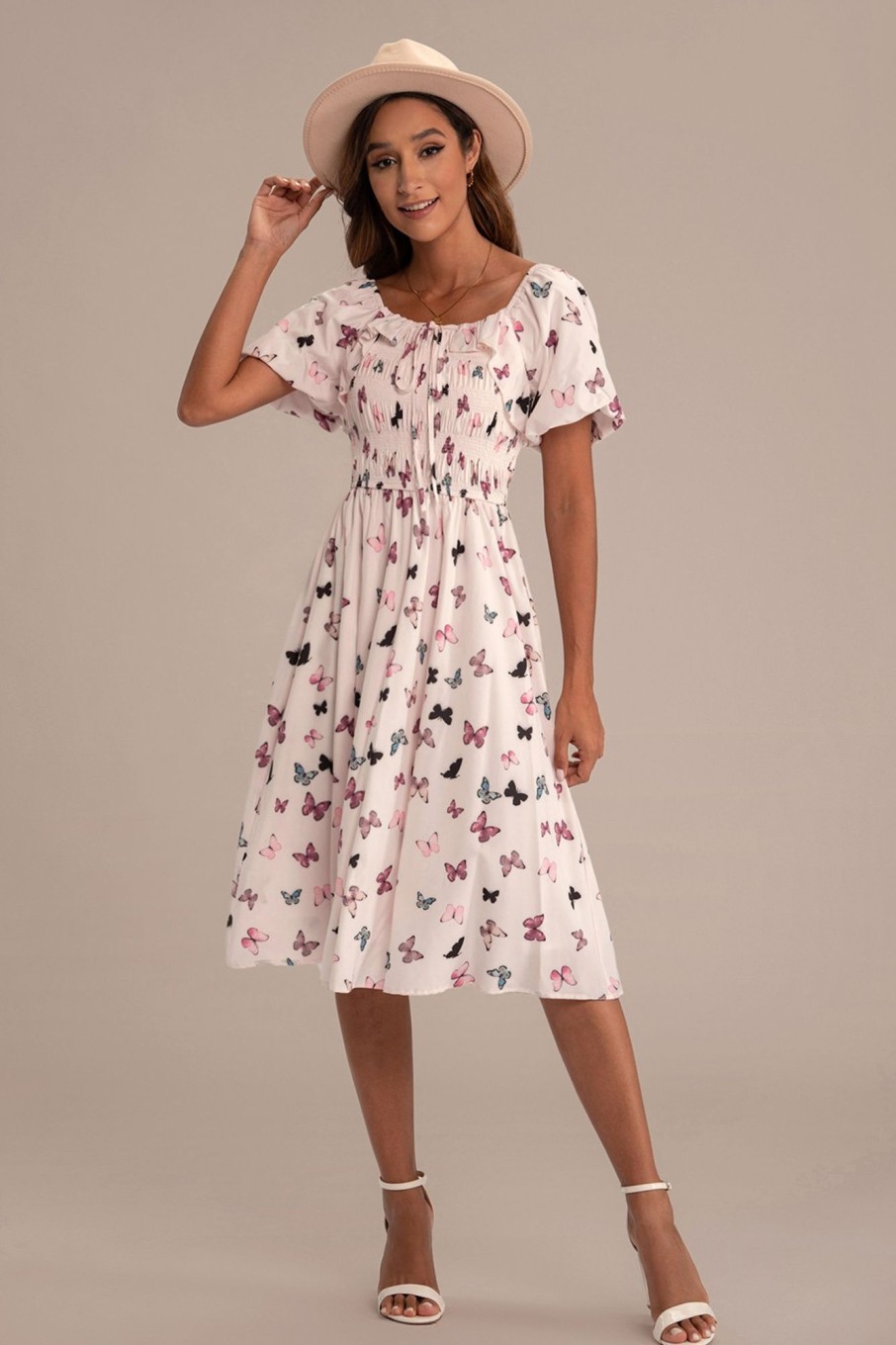 Wholesale Butterfly Pattern Print Short Sleeve Square Neck Midi Dress Multi