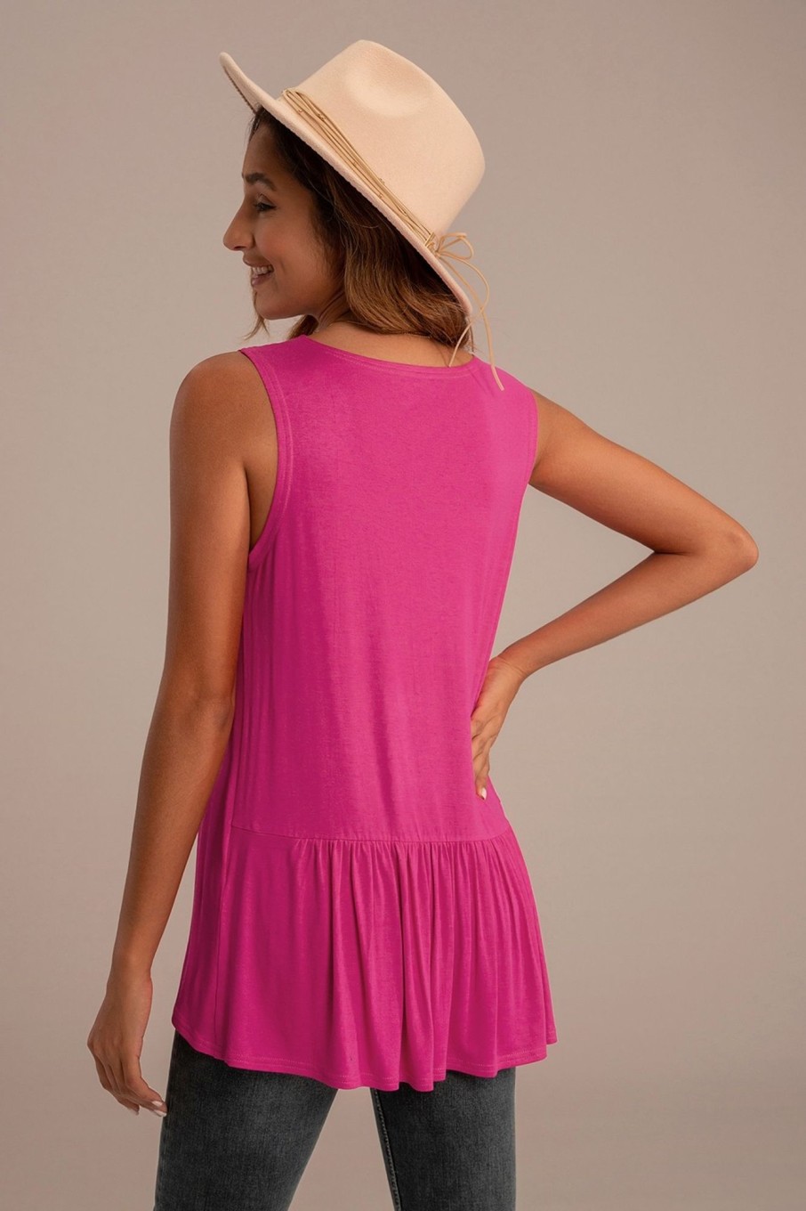 Wholesale Round Neck Sleeveless Peplum Back Tank Top Fuchsia