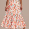 Hot Orange Floral Elastic Waist Tiered Midi Skirt Multi