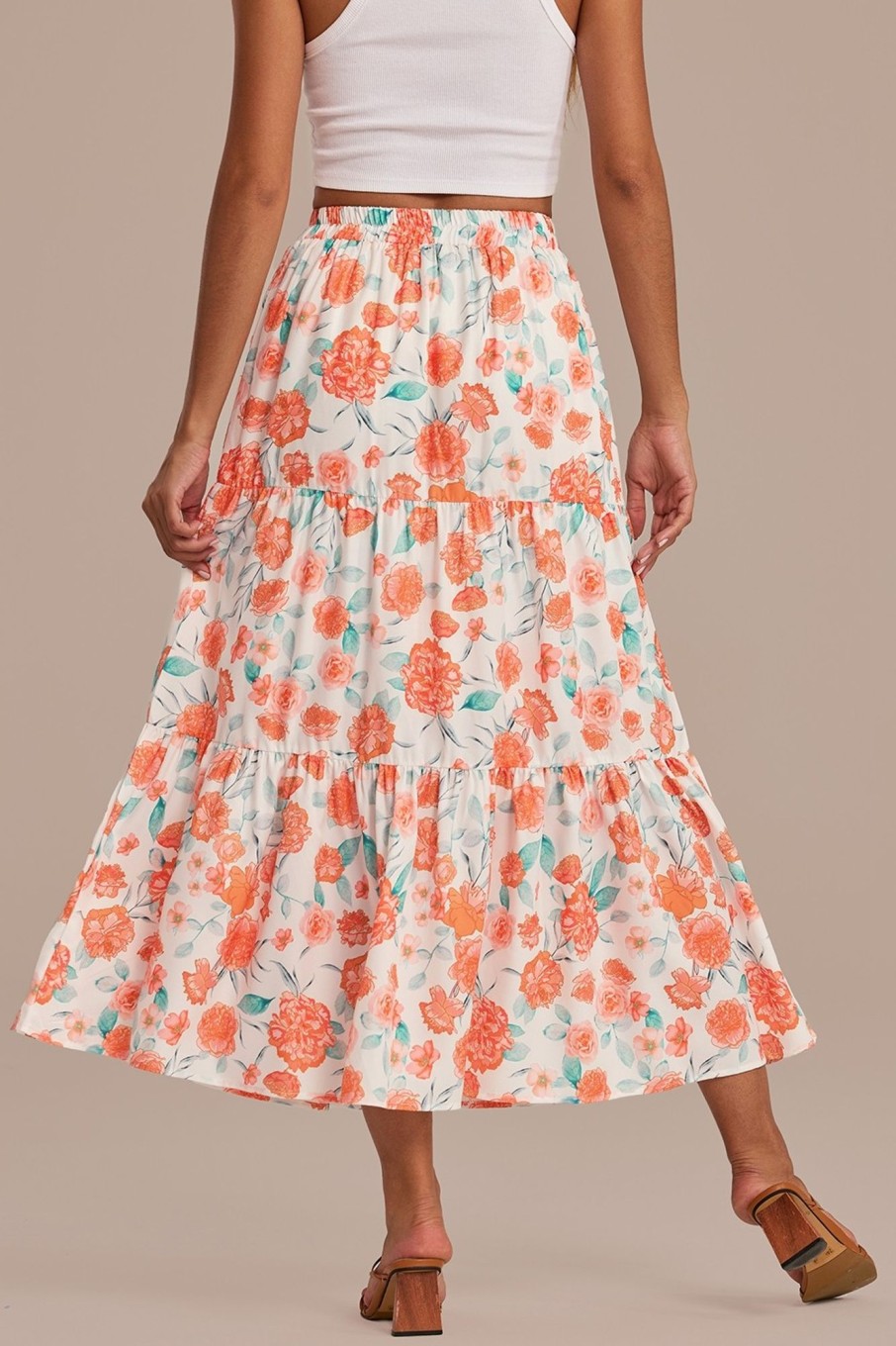 Hot Orange Floral Elastic Waist Tiered Midi Skirt Multi