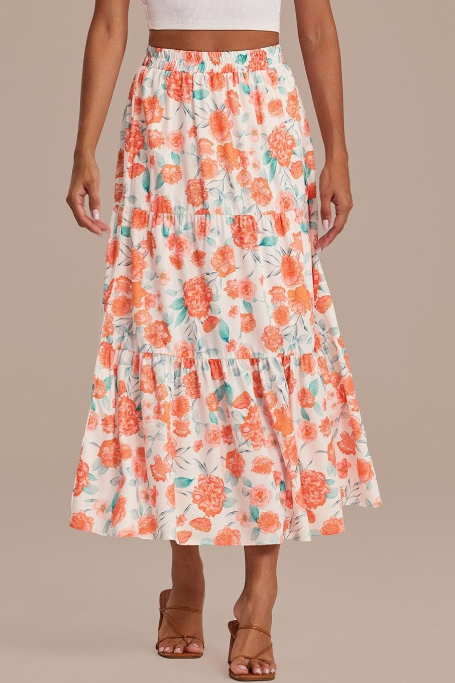 Hot Orange Floral Elastic Waist Tiered Midi Skirt Multi