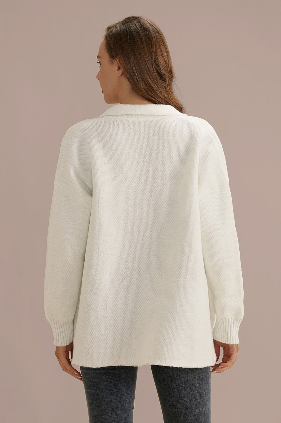 New Cozy Buttons Long Sleeve Classic Neck Sweater Jacket White