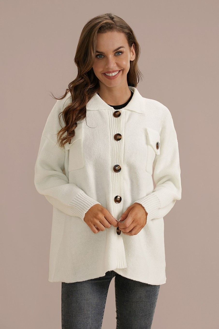 New Cozy Buttons Long Sleeve Classic Neck Sweater Jacket White