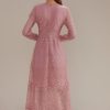 Clearance Lace Long Sleeve Round Neck Tiered Midi Dress Pink