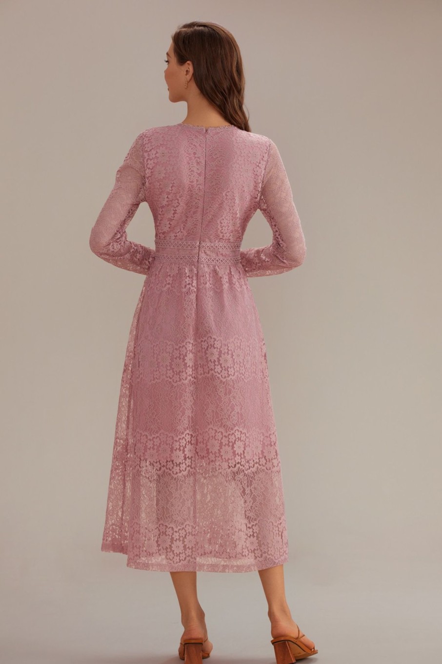 Clearance Lace Long Sleeve Round Neck Tiered Midi Dress Pink