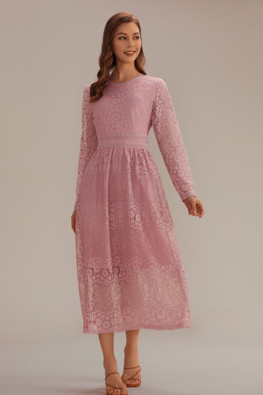 Clearance Lace Long Sleeve Round Neck Tiered Midi Dress Pink