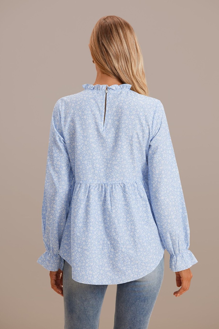 New Blue Long Sleeve Ruffle Neck Top Floral