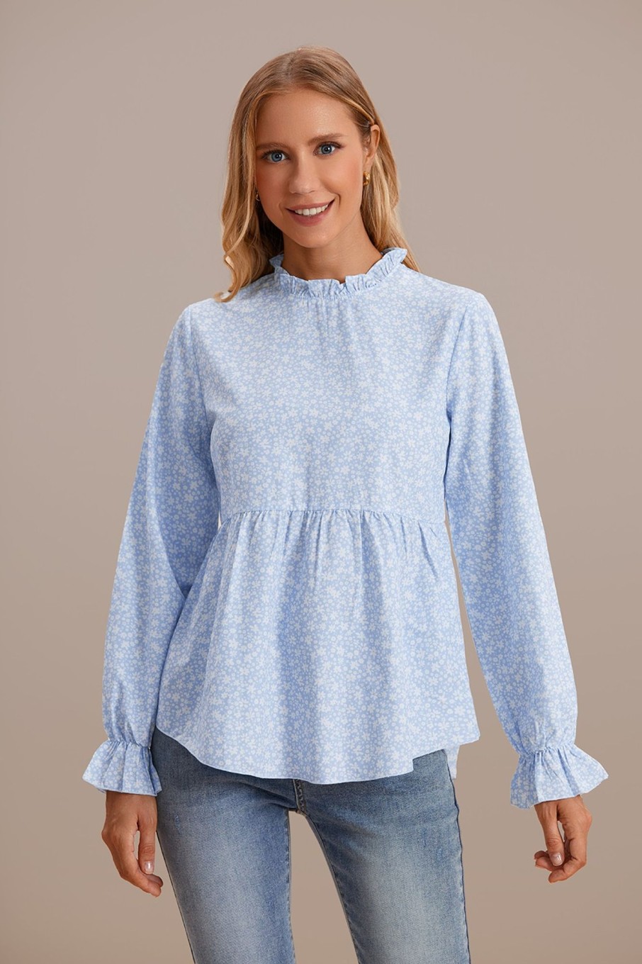 New Blue Long Sleeve Ruffle Neck Top Floral