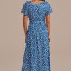 New Floral Short Sleeve Round Neck Midi Dress Blue