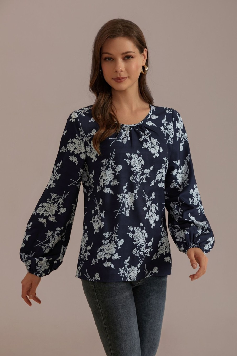 New Floral Round Neck Lantern Sleeve Blouse Multi Colors