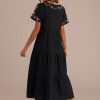 New Floral Embroidered Short Sleeve Round Neck Tiered Midi Dress Black