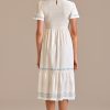 Online Embroidery Short Ruffle Sleeve Round Neck Smocked Midi Dress White