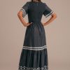 Wholesale Short Sleeve Round Neck Elastic Waist Smocked Maxi Dress Black