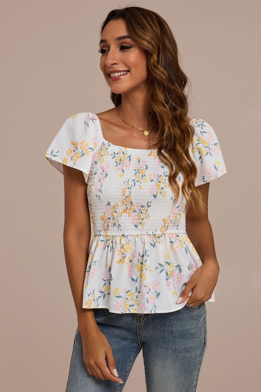 Hot Floral Short Sleeve Square Neck Peplum Smocked Top Multi