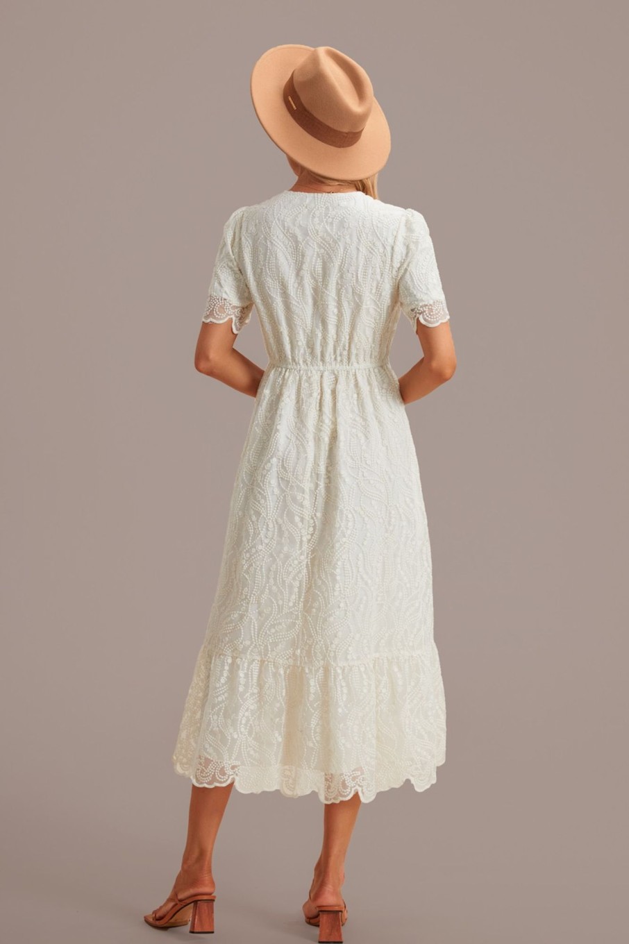 Online Lace Short Sleeve V Neck Midi Dress With Pockets Cream