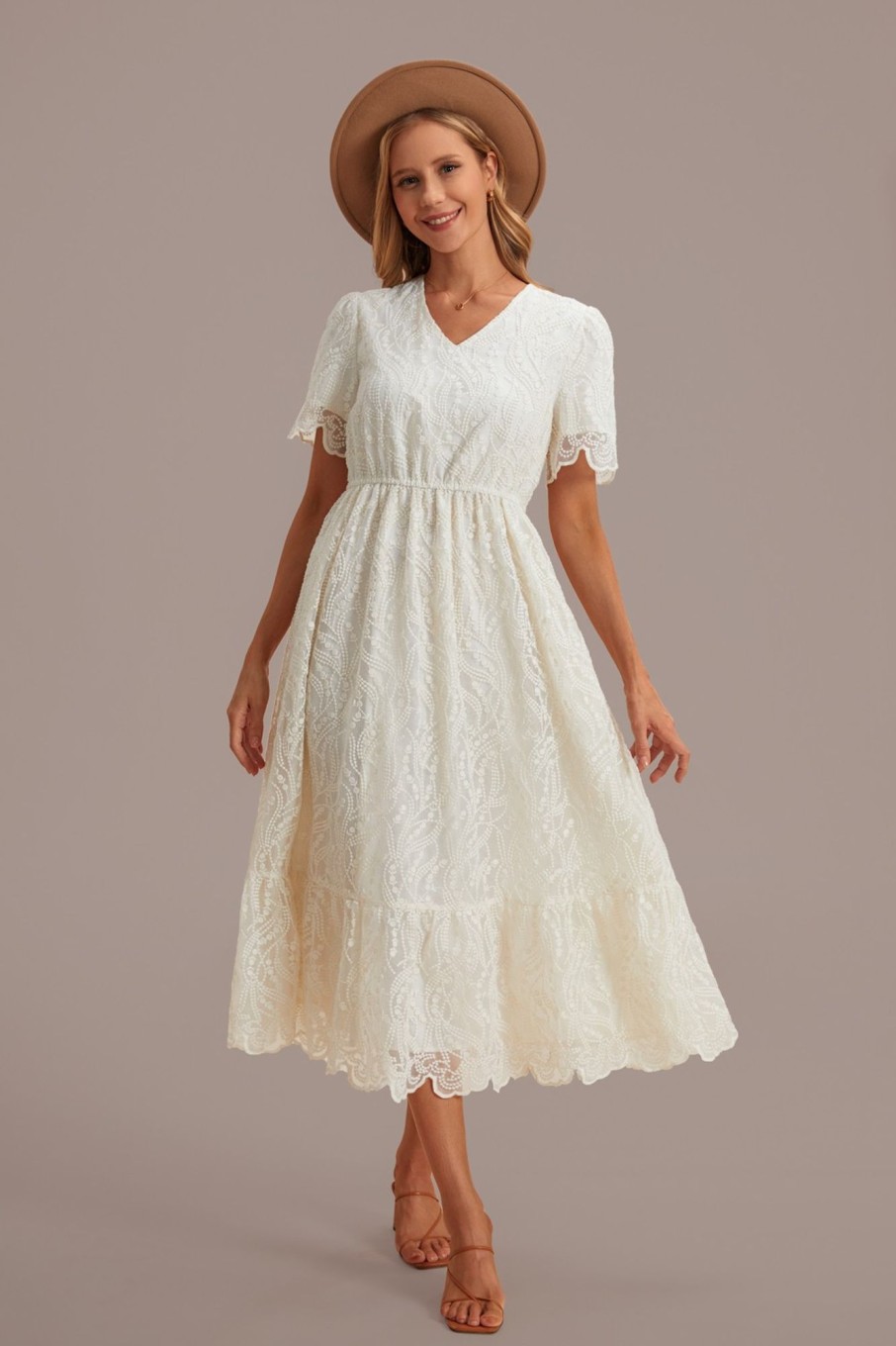 Online Lace Short Sleeve V Neck Midi Dress With Pockets Cream