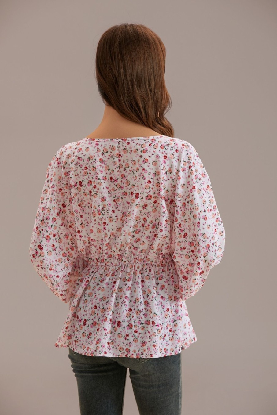 Wholesale V Neck 3/4 Length Sleeve Elastic Waist Top Floral