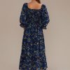 Clearance Floral 3/4 Sleeve Square Neck Smocked Tiered Midi Dress Navy