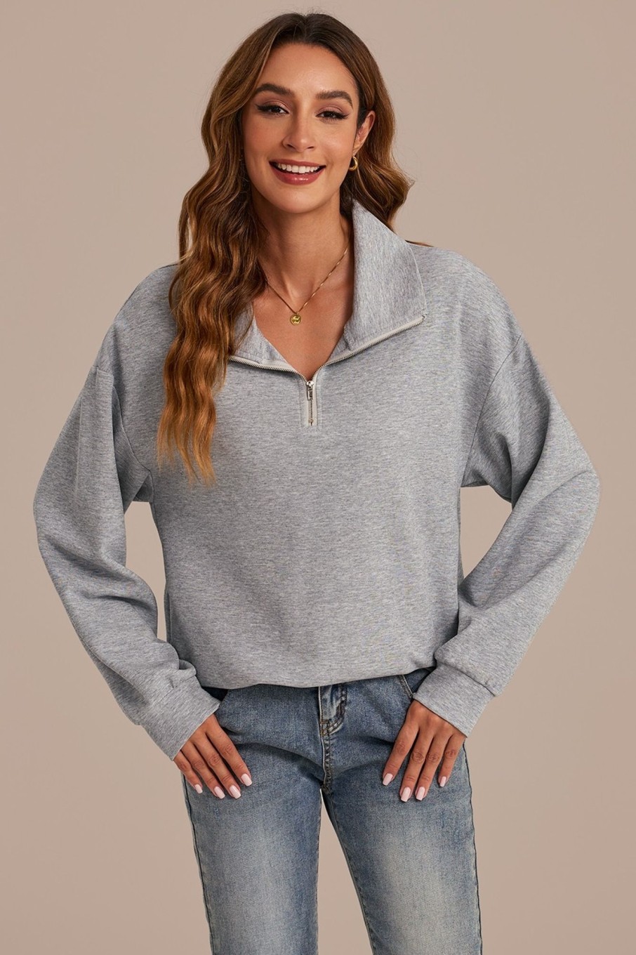 New Half Zip Drawstring Collared Sweatshirt Grey