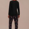 Clearance Christmas Print Long Sleeve Round Neck Pj Set Black