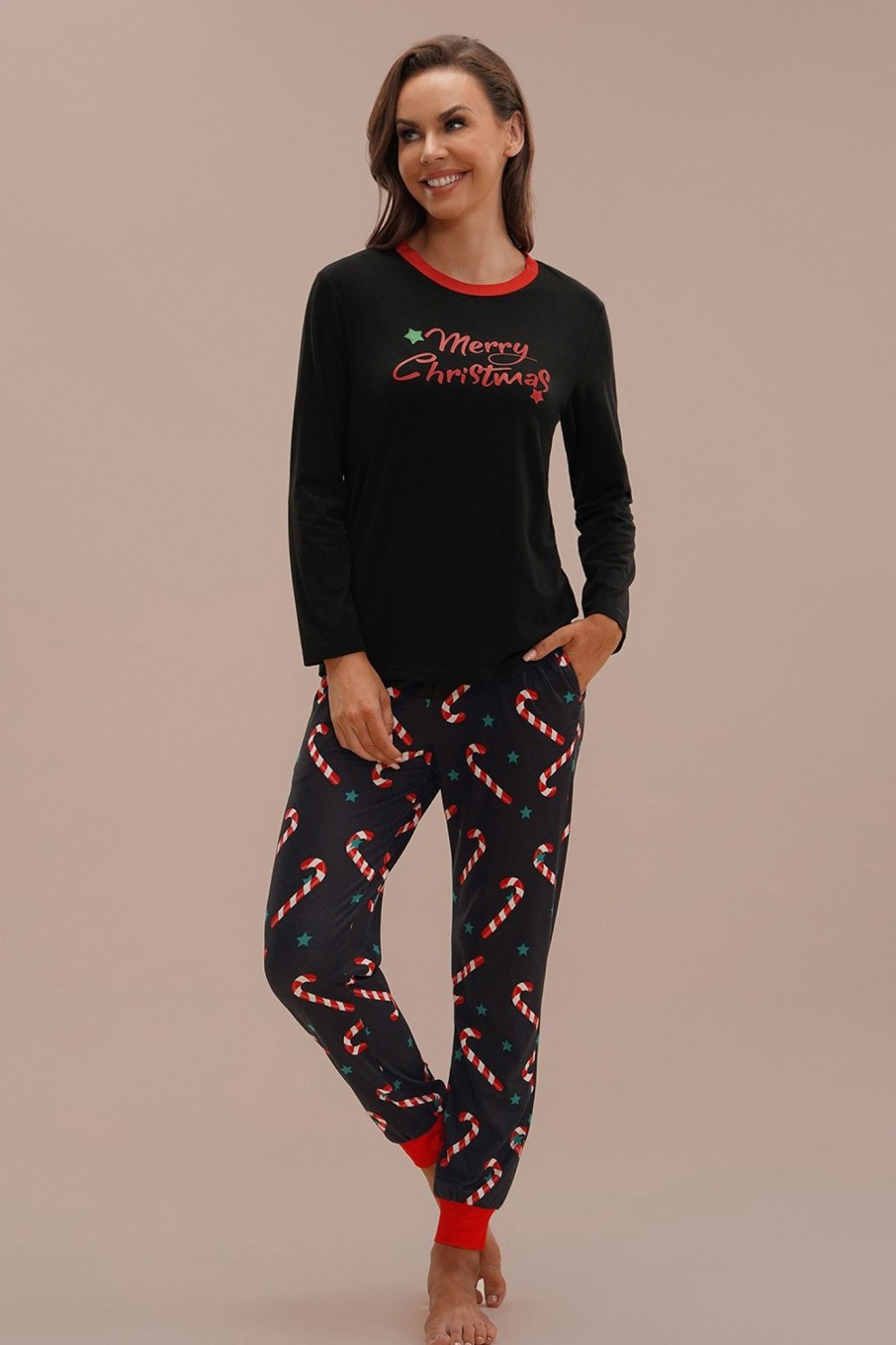 Clearance Christmas Print Long Sleeve Round Neck Pj Set Black