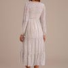 Best Polka Dot Print Long Sleeve Round Neck Tiered Midi Dress Cream