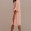 Wholesale 3/4 Length Bell Sleeve V Neck Gathered Waist Cotton Midi Mom Dress