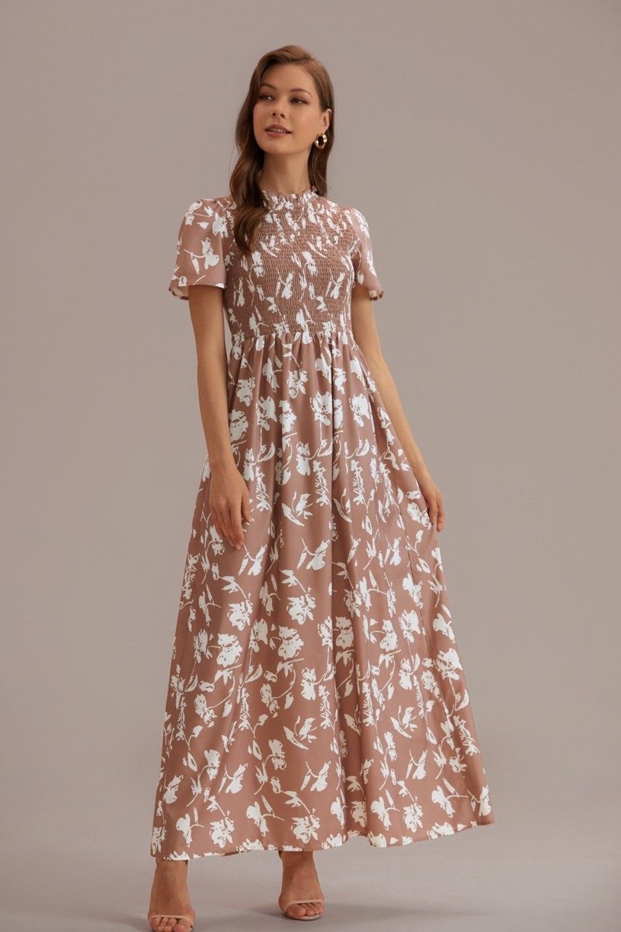 Clearance Floral Print Shirring Short Sleeve High Neck Maxi Dress Camel