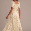 New Floral Short Sleeve Square Neck Smocked Maxi Dress Cream