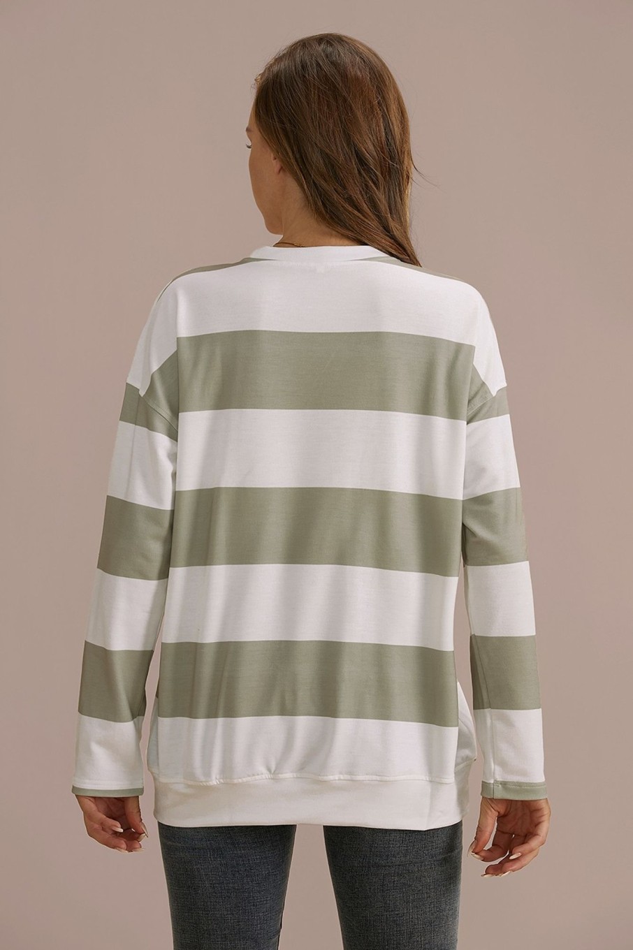 Hot Green And White Casual Wide Stripe Fall Blouse As Picture