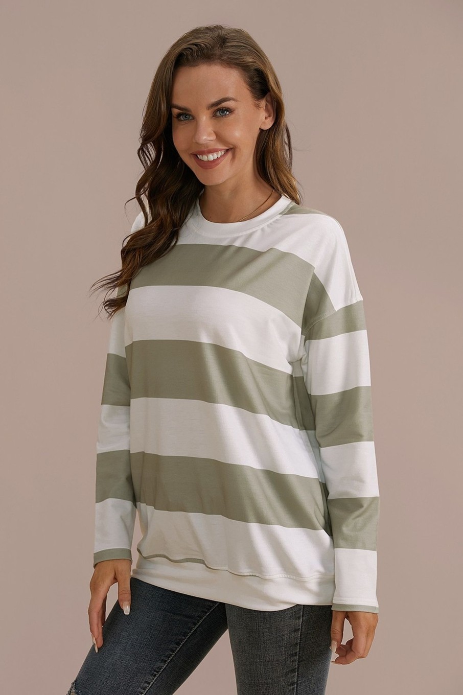 Hot Green And White Casual Wide Stripe Fall Blouse As Picture