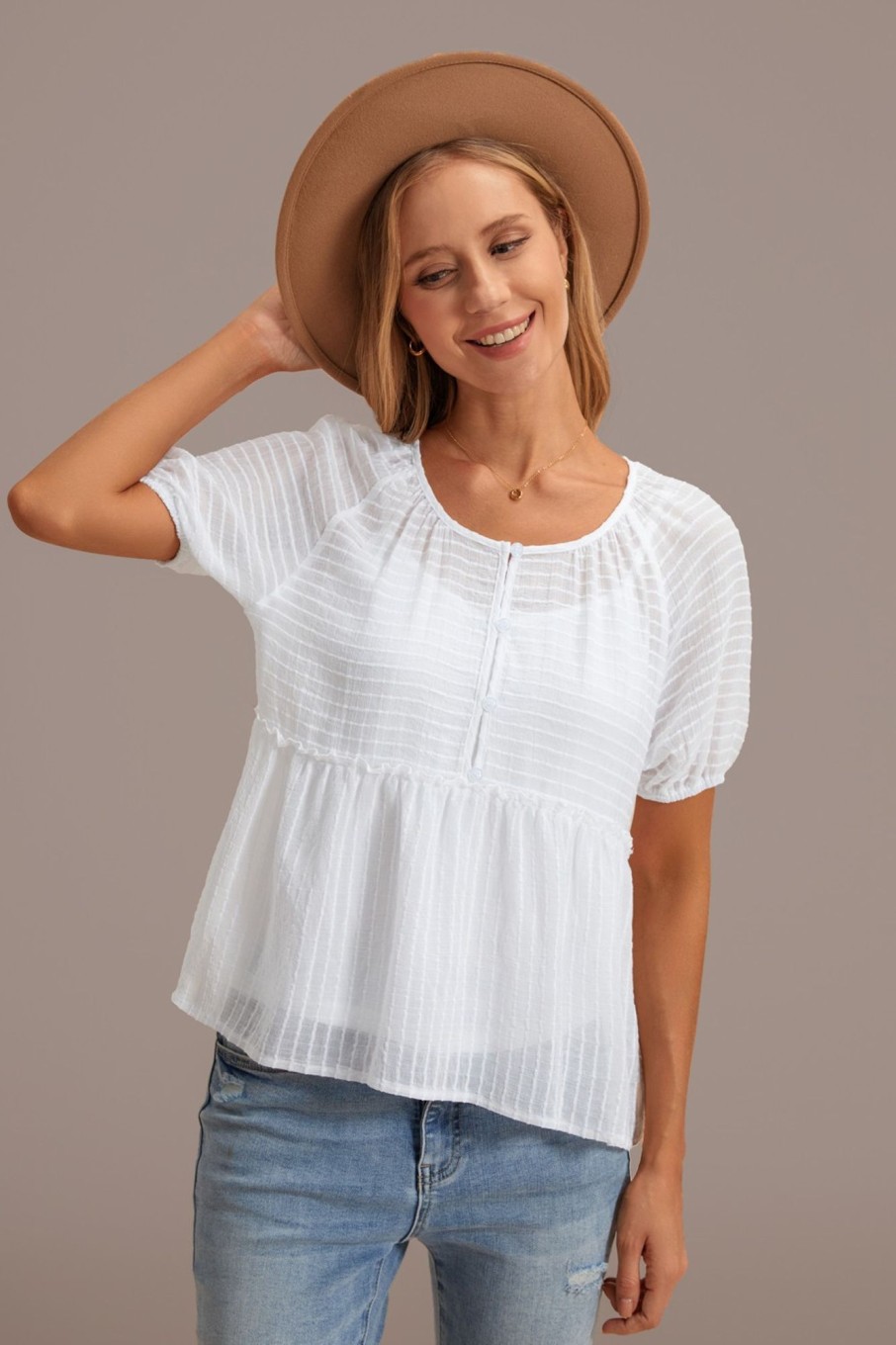 Wholesale Stripe Round Neck Puff Short Sleeve Blouse White