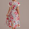 Online Red Floral V Neck Short Sleeve Tiered Midi Dress Multi