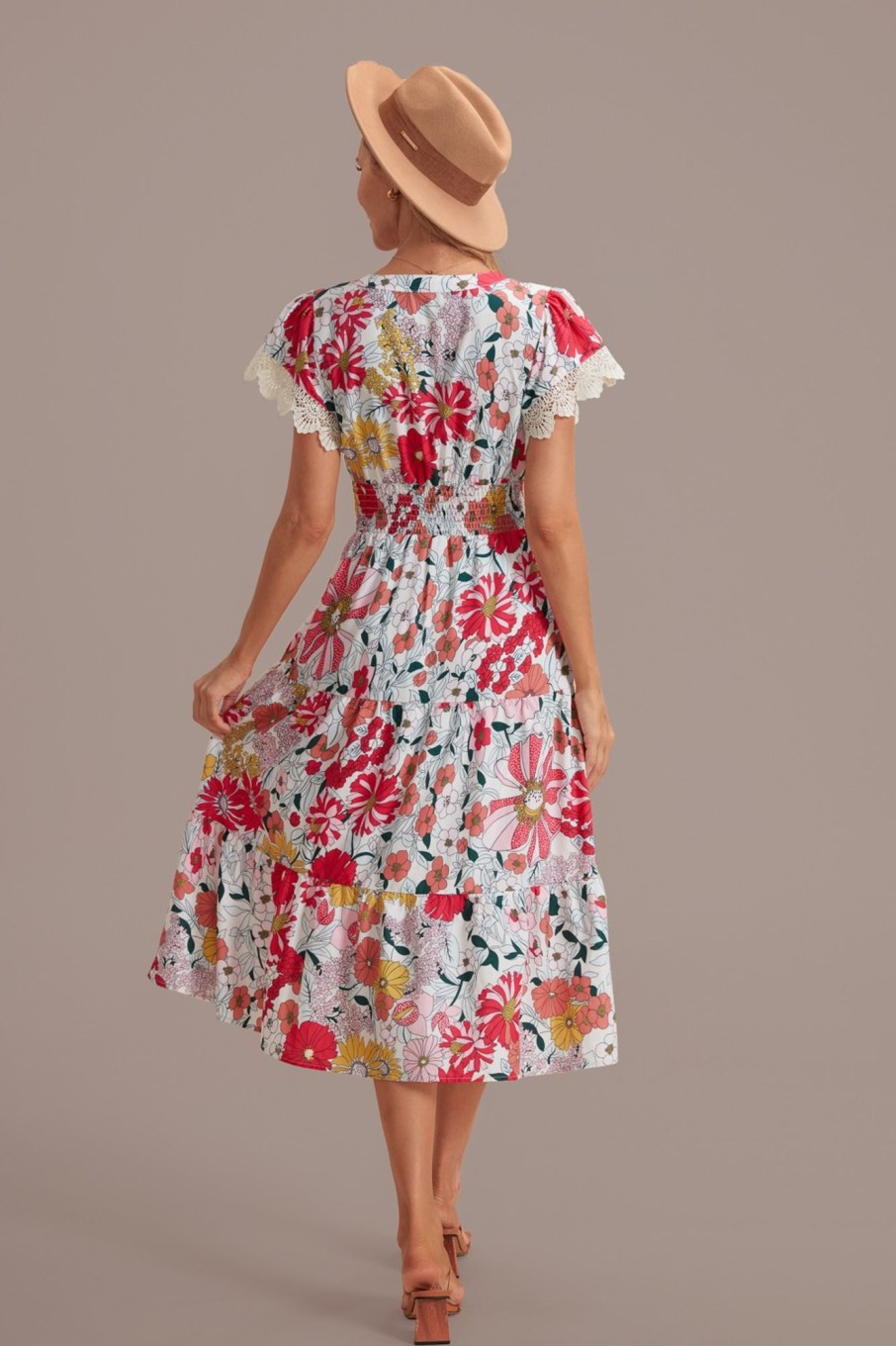 Online Red Floral V Neck Short Sleeve Tiered Midi Dress Multi