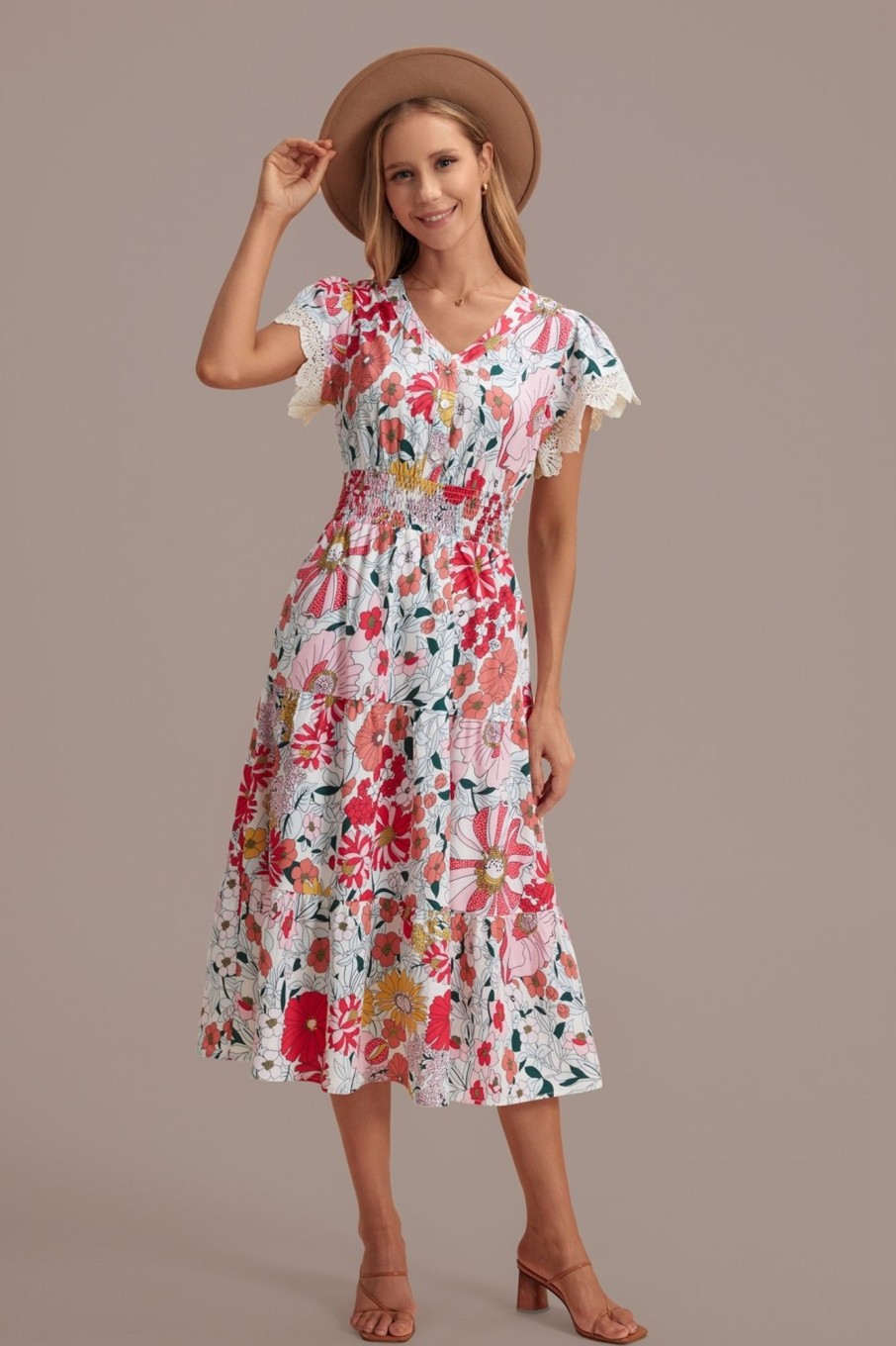 Online Red Floral V Neck Short Sleeve Tiered Midi Dress Multi