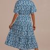 Wholesale Floral Short Sleeve V Neck Tiered Maxi Dress Blue