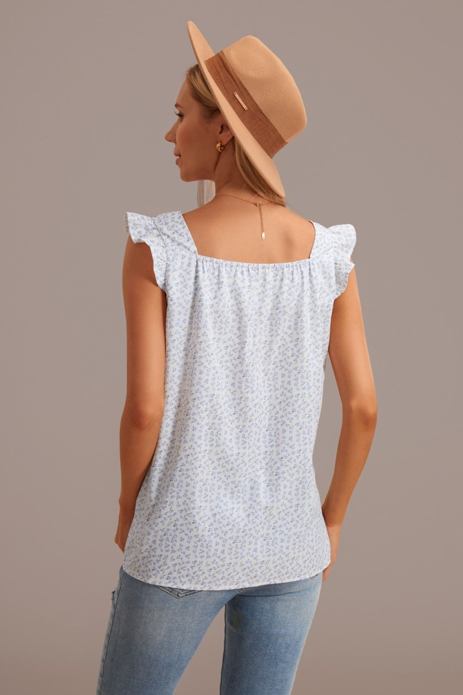 Best Multi Floral Square Neck Ruffle Short Sleeve Smocked Top Blue