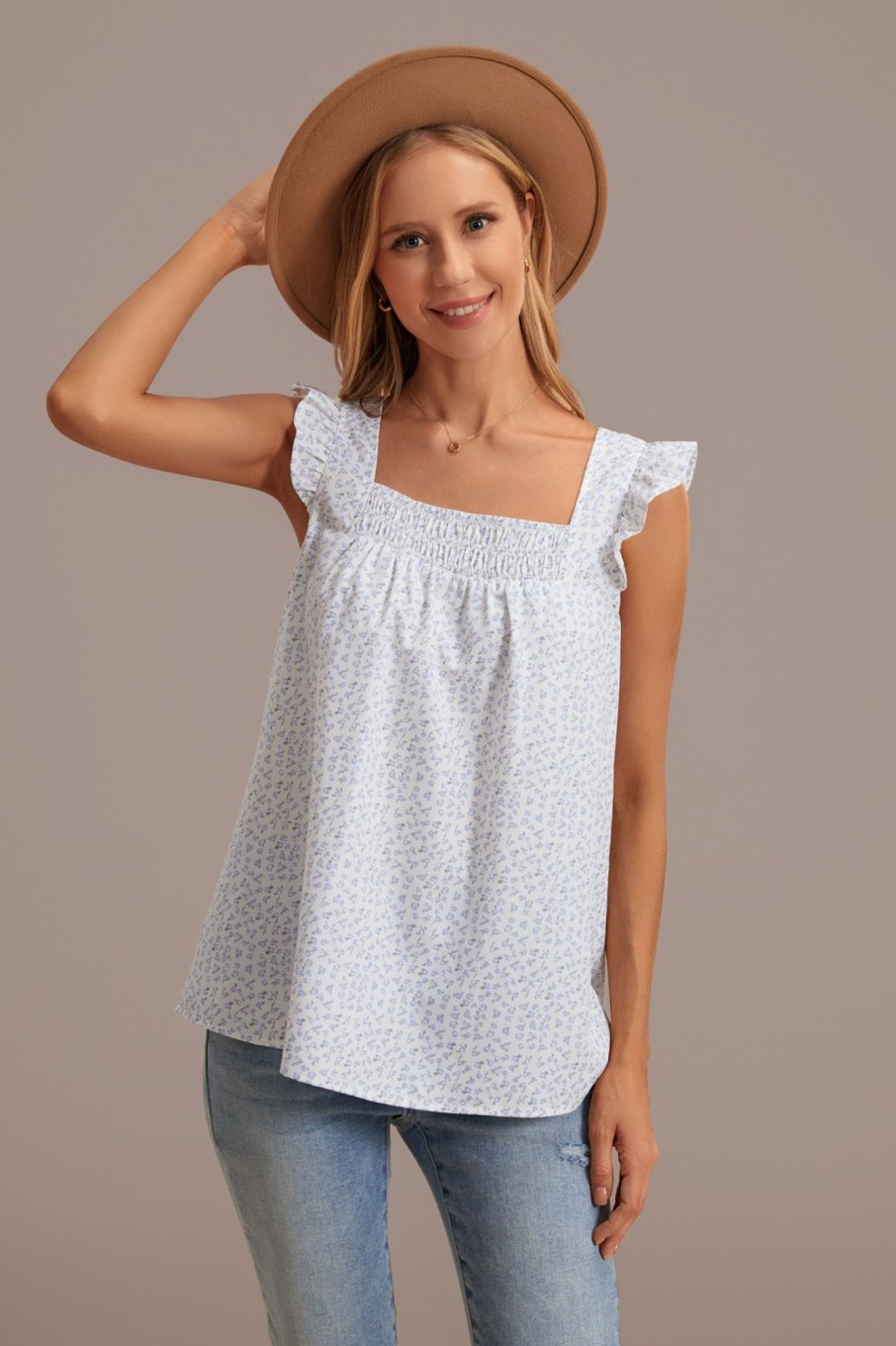 Best Multi Floral Square Neck Ruffle Short Sleeve Smocked Top Blue