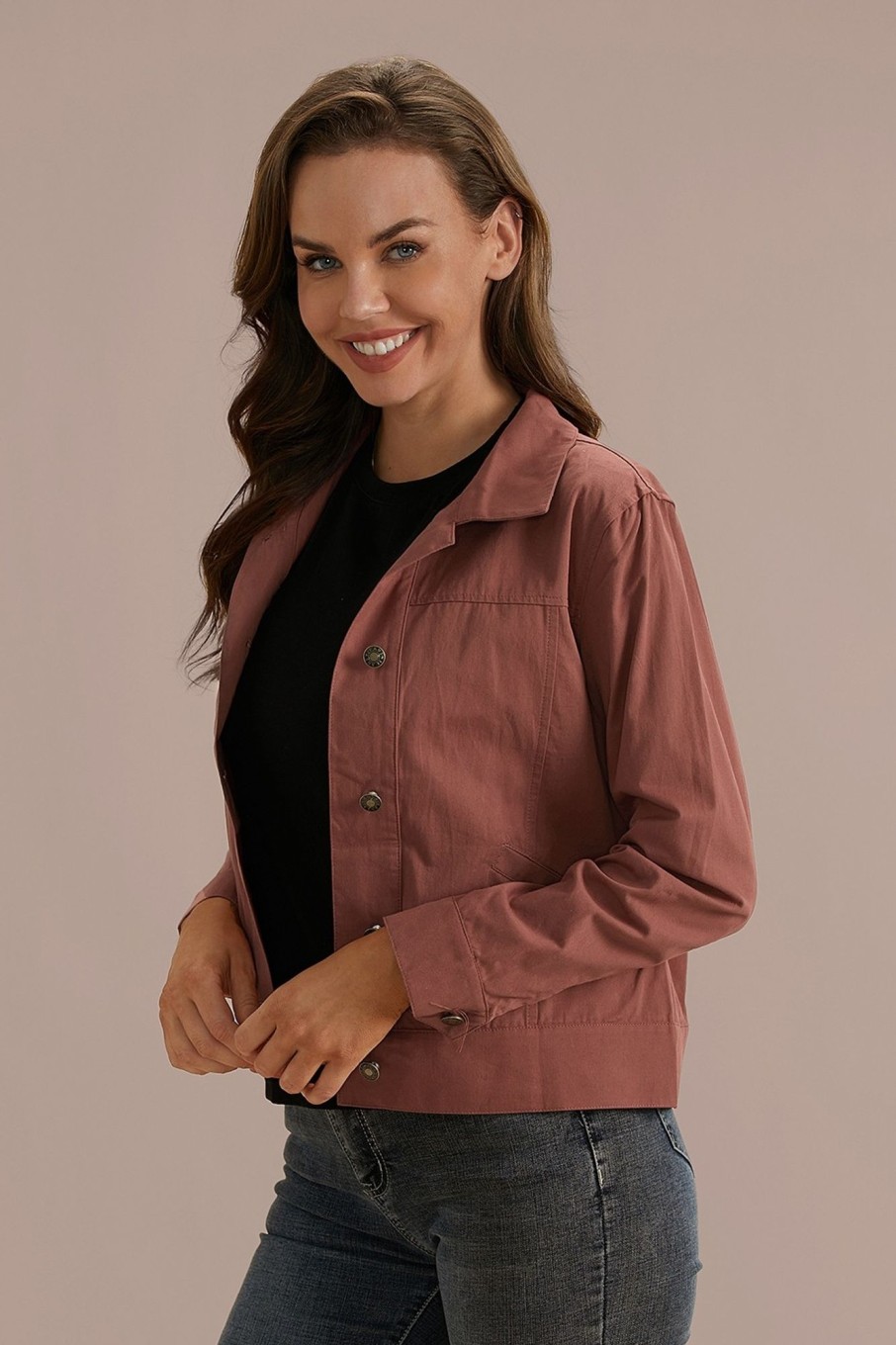 Clearance Rounded Collar Buttons Jacket With Pockets Red