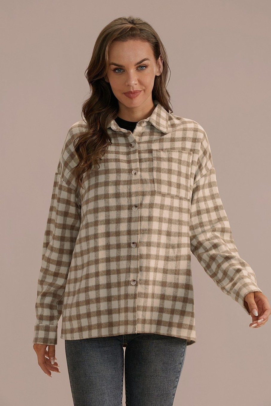 Clearance Casual Plaid Collar Button Shirt Shacket With Pocket Wheat