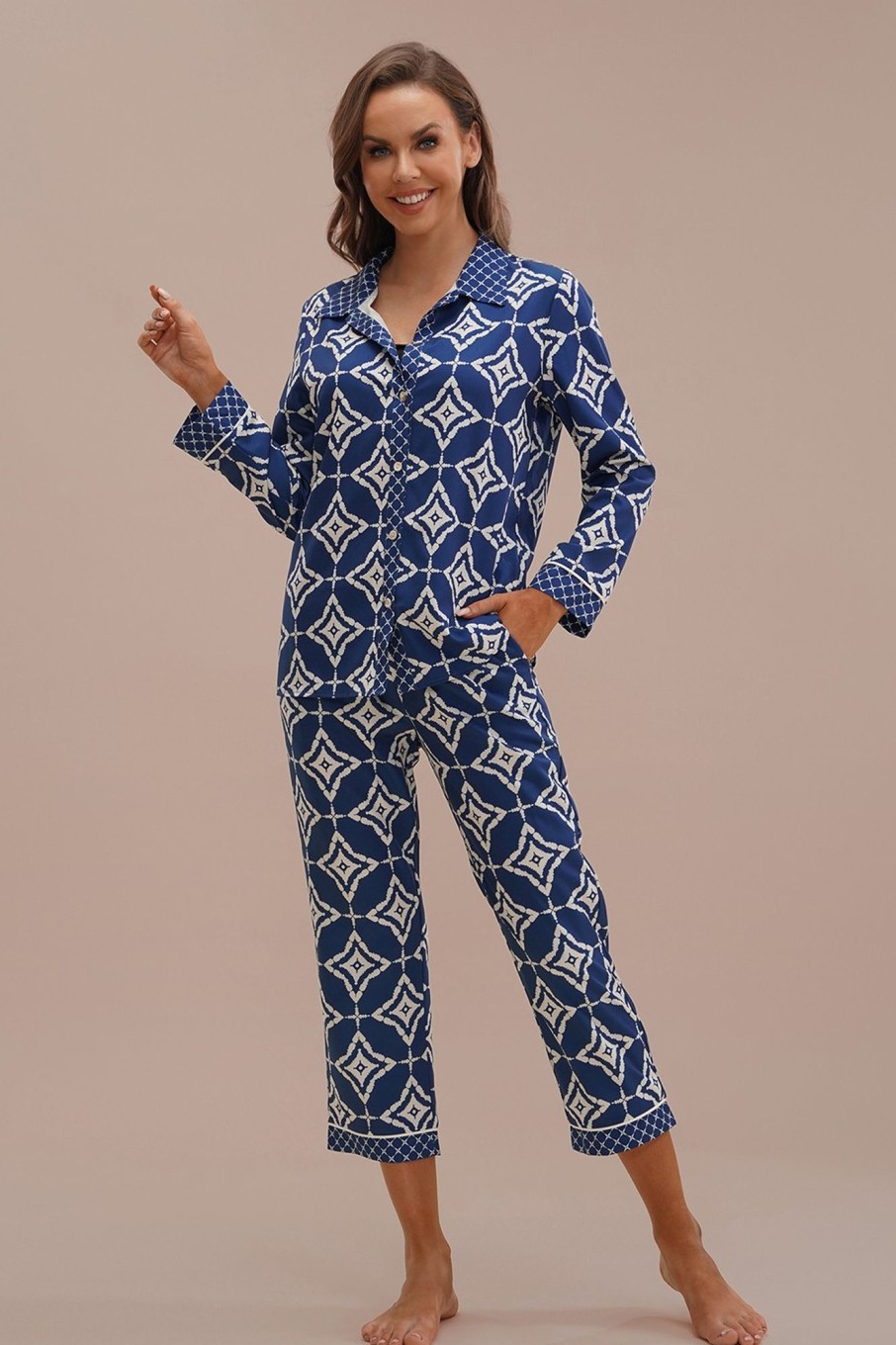 Online Casual Long Sleeve Collared Neck Buttons Pj Set Batik