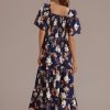 New Floral Short Sleeve Square Neck Smocked Tiered Maxi Dress Navy