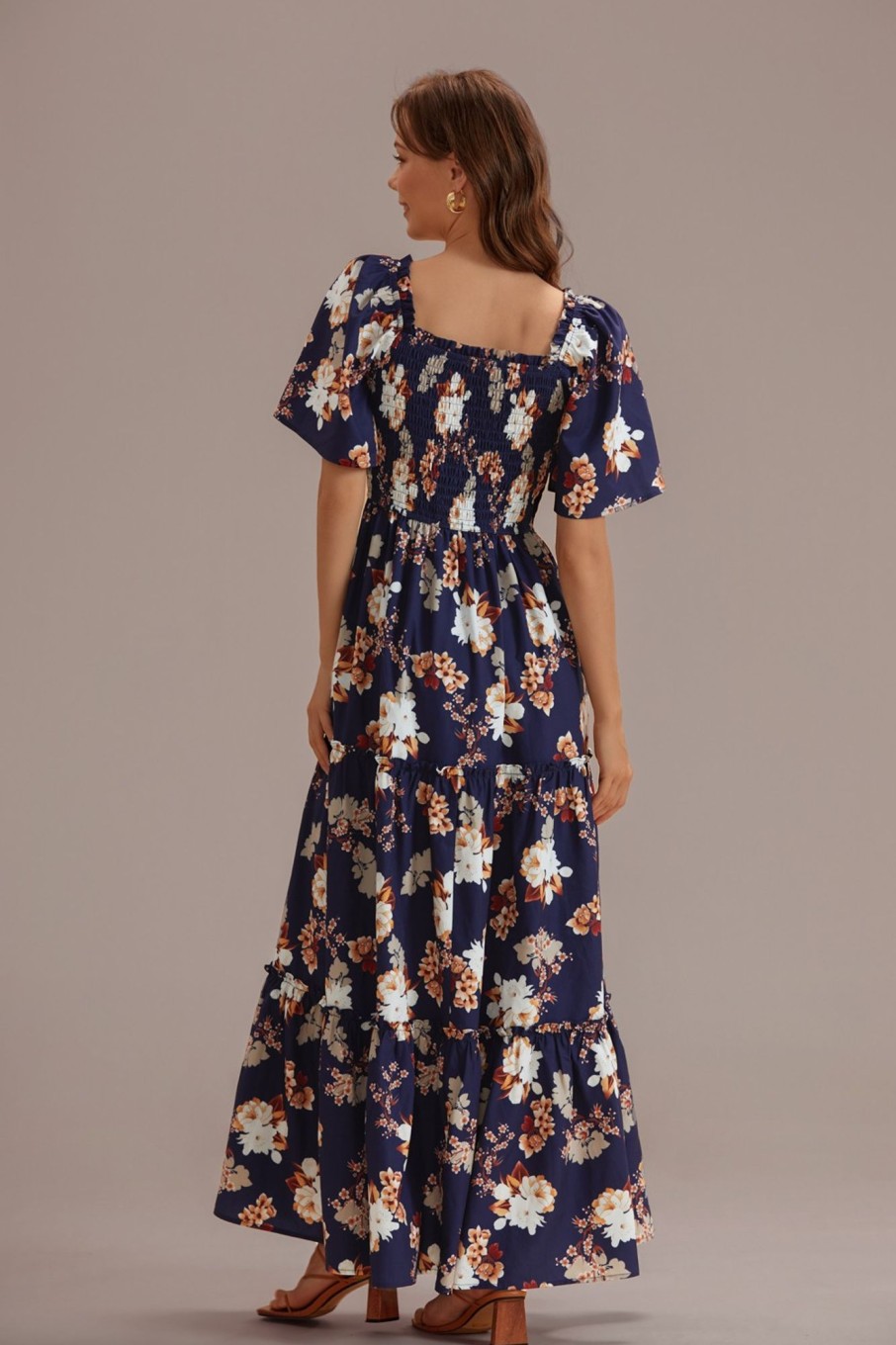 New Floral Short Sleeve Square Neck Smocked Tiered Maxi Dress Navy