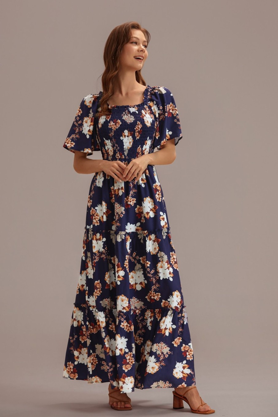 New Floral Short Sleeve Square Neck Smocked Tiered Maxi Dress Navy