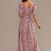 Hot Floral Short Puff Sleeve Square Neck Smocked Tie Waist Maxi Dress Pink