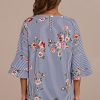 Clearance Floral Half Trumpet Sleeve Round Neck Blouse Blue Stripe