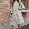 Best 3/4 Sleeve Round Neck Rayon Lace Midi Dress Ivory