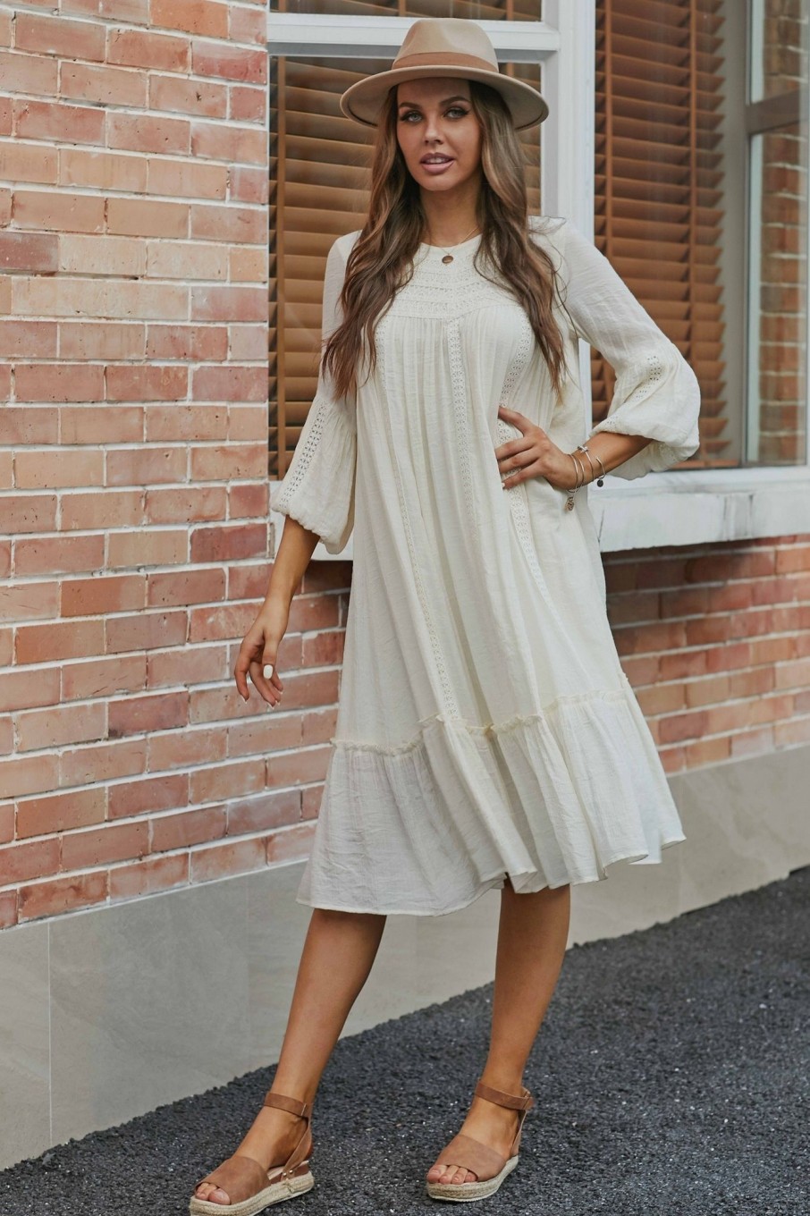 Best 3/4 Sleeve Round Neck Rayon Lace Midi Dress Ivory